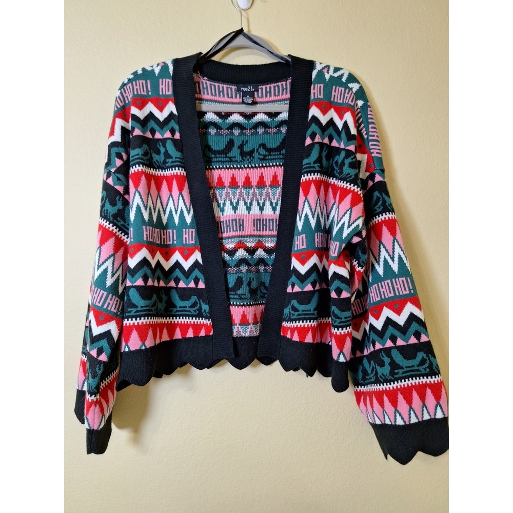 Rue 21 Christmas Ugly Sweater Cardigan Size XL Holiday Reindeer Pink‎ Christmas